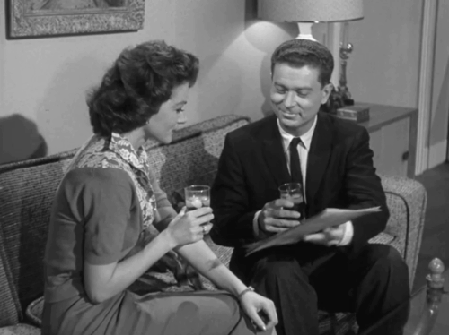 Perry Mason - The Case of the Golden Fraud - Sylvia Joyce Meadows and Richard Arthur Franz sitting on couch with restless Siamese cat animated gif