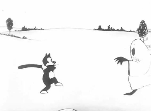 Alice's Spooky Adventure - cartoon black cat using tail to fight back angry ghost