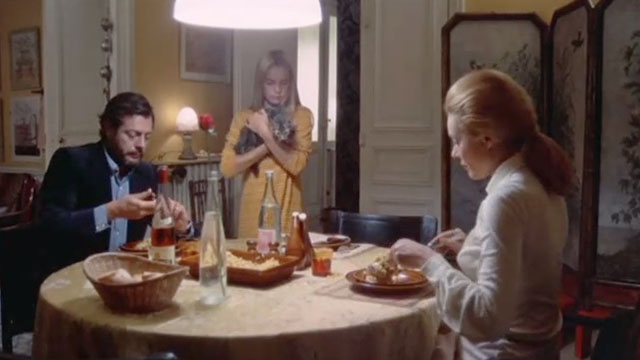 La Cagna - Valeria Valerie Stroh holding tabby kitten near dinner table with Giorgio Marcello Mastroianni and Corinne Marchand