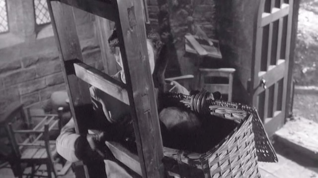 Carry On Constable - black cat in climbing down ladder into basket