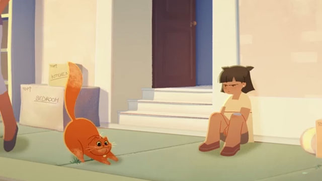 Catfish - angry little girl Elisa with happy orange cartoon cat Roger