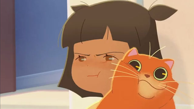 Catfish - angry little girl Elisa with happy orange cartoon cat Roger