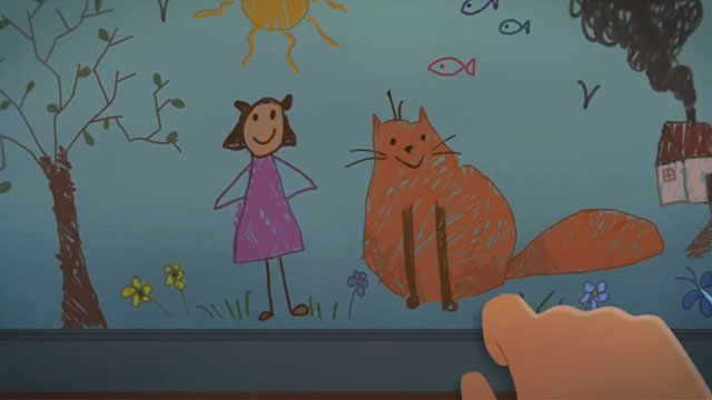 Catfish - drawing of little girl Elisa with happy orange cartoon cat Roger