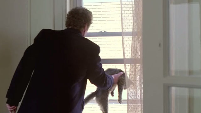 Claire Dolan - Cain Colm Meaney holding longhair tabby cat outside window