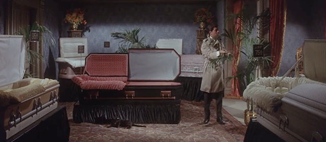 Dr. Goldfoot and the Bikini Machine - black cat Rasputin sitting in front of coffin with Craig Gamble Frankie Avalon