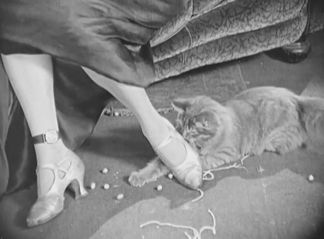 Exit Smiling - longhair tabby cat playing with pearls at Violet's feet