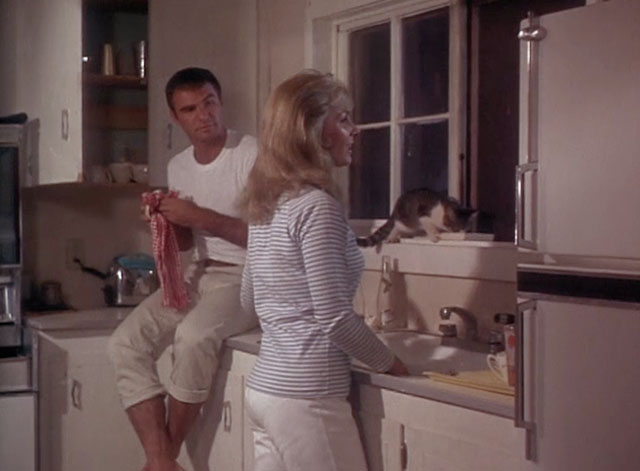 Fade In - Rob Burt Reynolds and Jean Barbara Loden in kitchen with tabby and white cat eating on windowsill