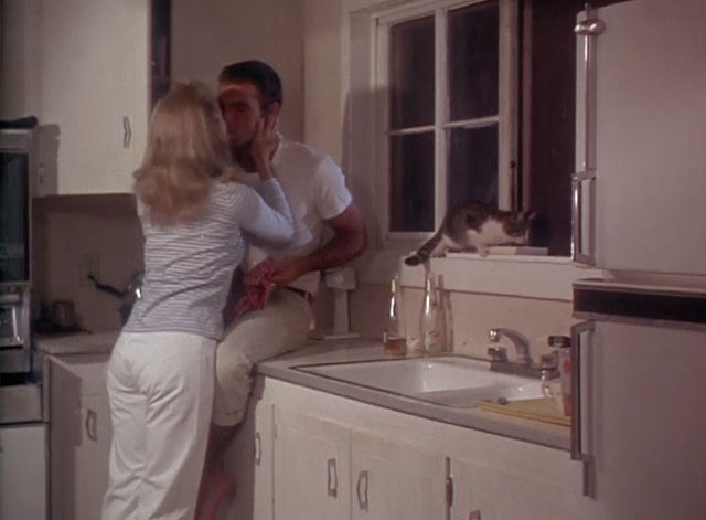 Fade In - Rob Burt Reynolds and Jean Barbara Loden in kitchen with tabby and white cat eating on windowsill