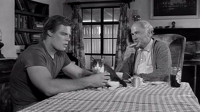 Faster, Pussycat.  Kill Kill! - Old man Stuart Lancaster with The Vegetable Denis Busch petting gray tuxedo kitten on table