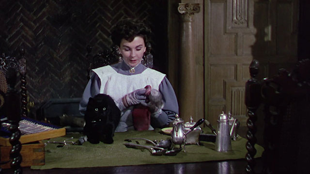 Footsteps in the Fog - Lily Jean Simmons polishing silver with black cat Missy looking nervous on desk