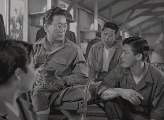 Go For Broke - tabby cat in lap of Frank Akira Fukunaga with Sam Lane Nakano in barracks