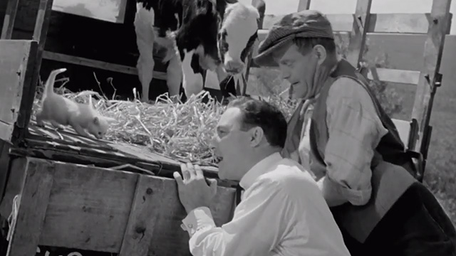 The Happy Road - white kitten in back of truck being pushed by Mike Gene Kelly