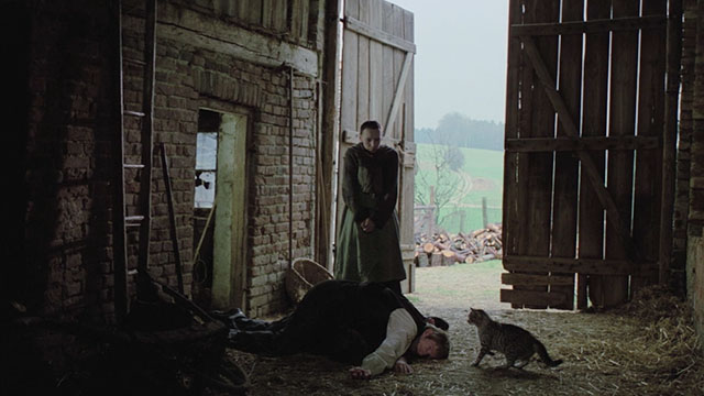 Herz aus Glas - Heart of Glas - tabby cat staring at Wudy Volker Prechtel and Ascherl Sepp Müller lying on barn floor with Paulin Brunhilde Klöckner