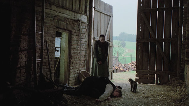 Herz aus Glas - Heart of Glas - tabby cat staring at Wudy Volker Prechtel and Ascherl Sepp Müller lying on barn floor with Paulin Brunhilde Klöckner