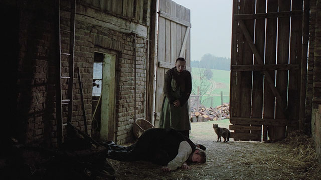 Herz aus Glas - Heart of Glas - tabby cat staring at Wudy Volker Prechtel and Ascherl Sepp Müller lying on barn floor with Paulin Brunhilde Klöckner