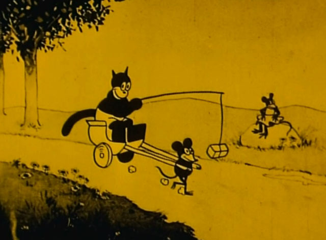 Henry's Busted Romance - cartoon black cat Henry riding in cart pulled by mouse chasing cheese with female mouse on side of road