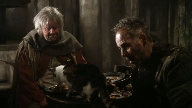 Henry V - tabby and white cat eating on table with Bardolph Richard Briers and Nym Geoffrey Hutchings