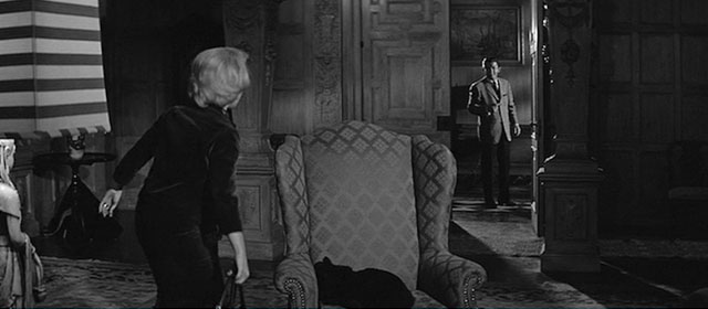 House of the Damned - longhair black cat on chair with Nancy Merry Anders and Scott Ron Foster