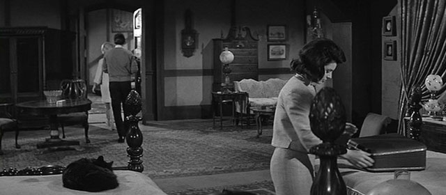 House of the Damned - longhair black cat on bed with Loy Erika Peters as Nancy Merry Anders and Scott Ron Foster leave room