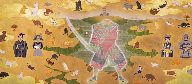 Isle of Dogs - artwork depicting history of the ancient Kobayashi cat loving clan