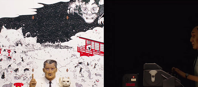 Isle of Dogs - split screen with Kobayashi and his white cat