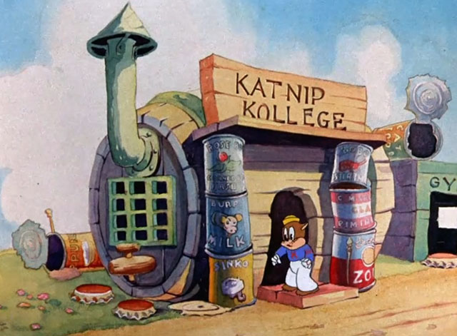 Katnip Kollege - cartoon cat standing outside school