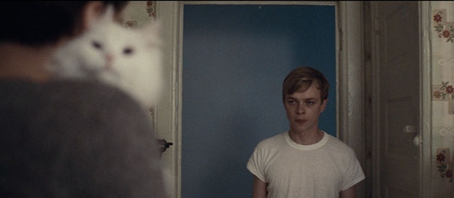 Kill Your Darlings - longhair white cat Kit Kat being held by Jack Kerouac Jack Huston with Lucien Carr Dane DeHaan