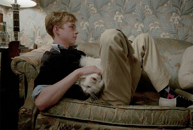 Kill Your Darlings - longhair white cat Kit Kat sitting on lap of Lucien Carr Dane DeHaan on couch