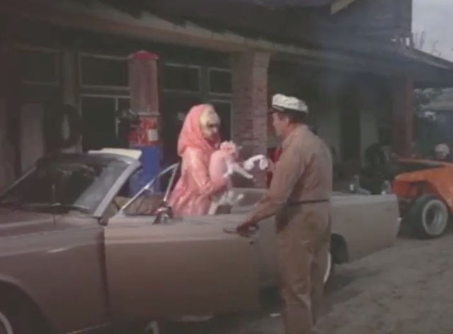 Las Vegas Hillbillys - Tawny Jayne Mansfield exiting convertible car with white cat