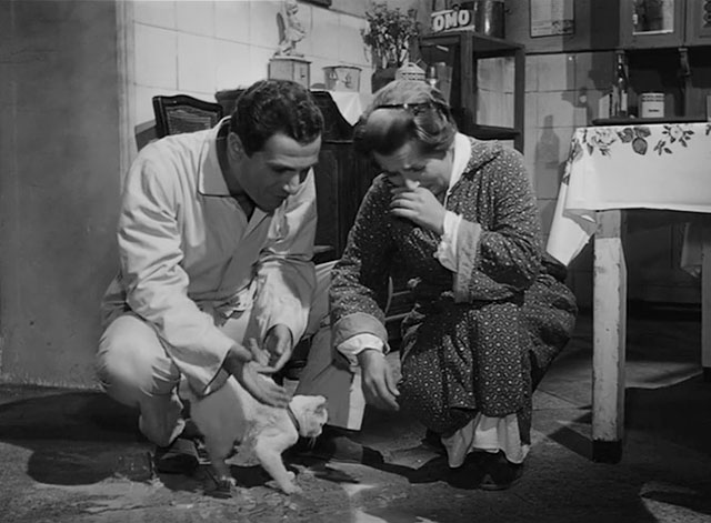 L'impiegato - Fernando Nino Manfredi with white cat Romoletto and Lisetta Anna Campori looking at broken milk bottle
