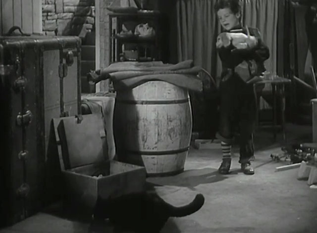 Little Orvie - Johnny Sheffield with puppy looking at black cat drinking milk