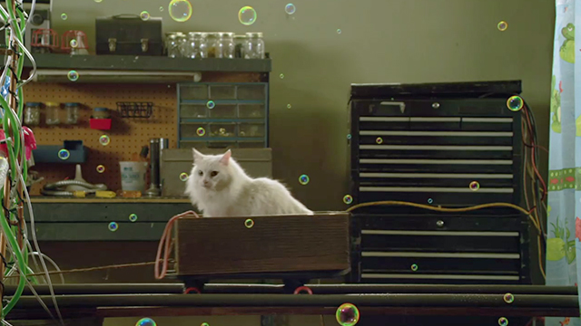 The Little Rascals Save the Day - longhair white cat Princess Flufferina surrounded by green bubbles heading into machine