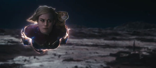 The Marvels - ginger tabby cat Flerken Goose flying on Carol Captain Marvel Brie Larson shoulder