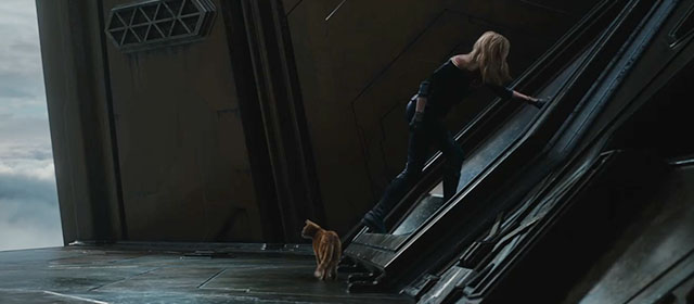 The Marvels - ginger tabby cat Flerken Goose with Carol Captain Marvel Brie Larson on Kree ship