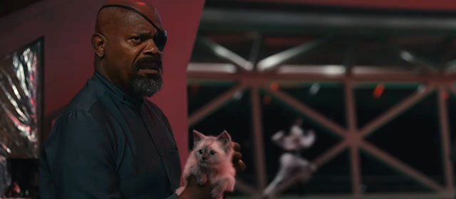 The Marvels - Nick Fury Samuel L. Jackson holding blue point kitten Flerken