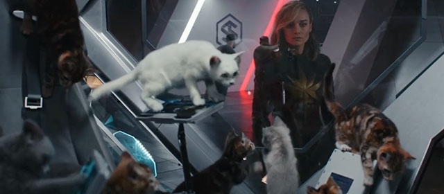 The Marvels - Carol Captain Marvel Brie Larson looking at Flerkittens kittens in escape pod