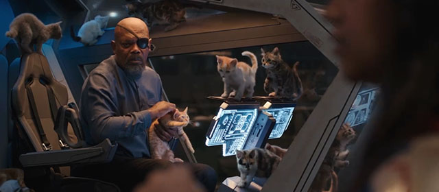 The Marvels - Nick Fury Samuel L. Jackson with Flerkittens kittens in escape pod