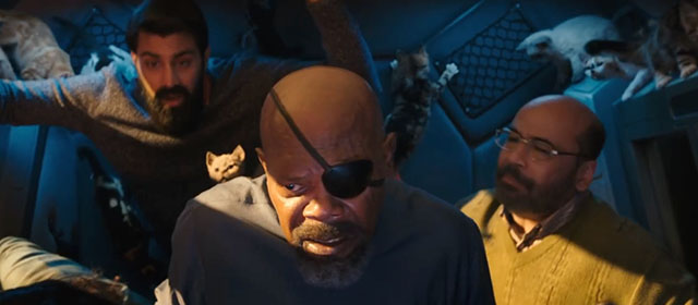 The Marvels - Nick Fury Samuel L. Jackson and Kamala family with Flerkittens kittens in escape pod