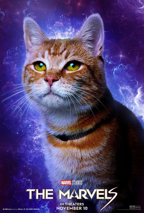 The Marvels - ginger tabby cat Flerken Goose on movie poster