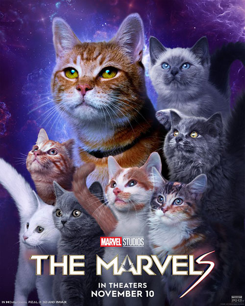 The Marvels - ginger tabby cat Flerken Goose and Flerkittens on movie poster