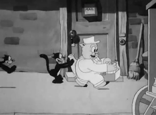 Milk and Money - two cartoon black cats stealing milk from Porky Pig