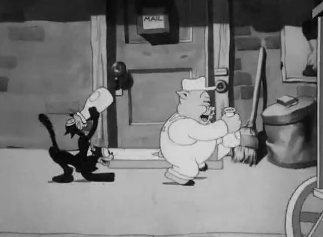 Milk and Money - two cartoon black cats stealing milk from Porky Pig