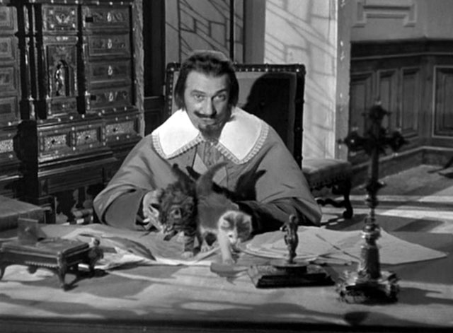 Monsieur Vincent - Cardinal Richelieu Aime Clariond at desk with tabby and bicolor kittens