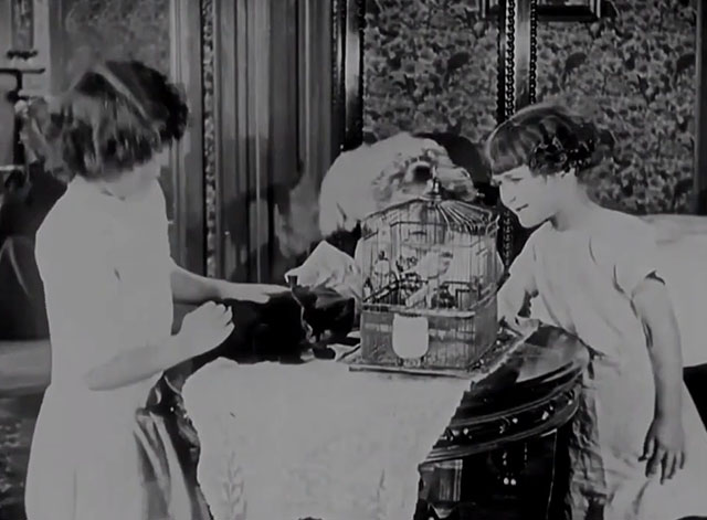 Mr. Fix-It - black cat on table with bird cage and girls