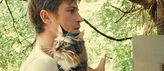 On the Road - Dean Garrett Hedlund holding longhair tabby and white cat