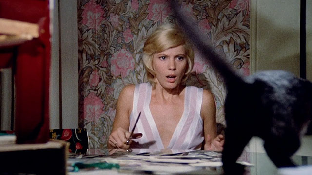 Perfume of the Lady in Black - Il profumo della signora in nero - Sylvia Mimsy Farmer reacting to black cat on table