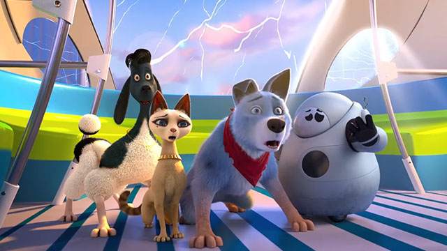Pets United - cartoon Siamese cat Belle with dogs Roger, Rinaldo and robot Bob