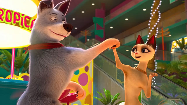 Pets United - cartoon Siamese cat Belle dancing in mall with dog Roger