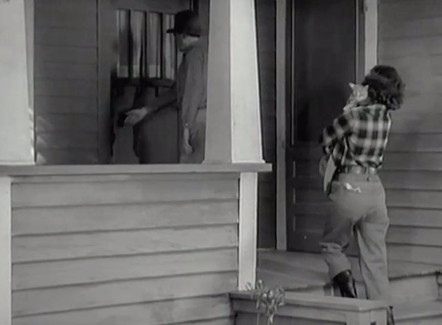 Racing Lady - Ruth Ann Dvorak carrying tabby cat as Tom Harry Carey enters house