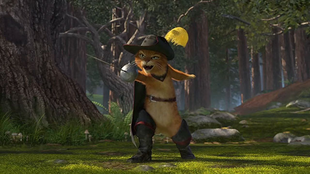 Shrek 2 - cartoon ginger tabby cat Puss in Boots with sword in woods